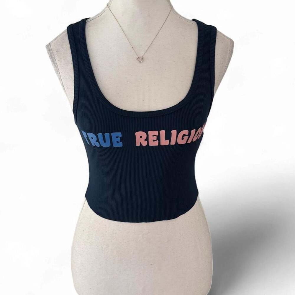 True Religion navy blue ribbed tank top with blue and pink logo size XS